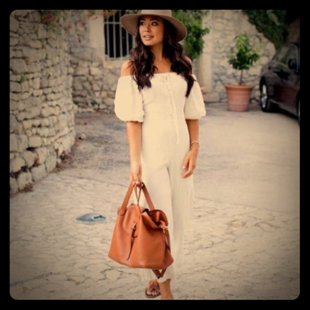 Eri and Ali off the shoulder Andree Jumpsuit